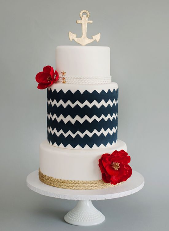 Gold and navy blue nautical wedding cake with red flowers