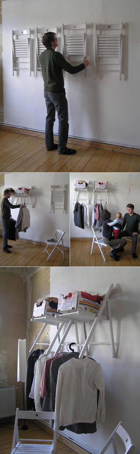 Hang chairs up for easy storage AND then you can open them to hang coats, stack 