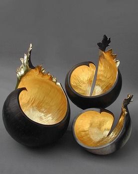 Kay Lynne Sattler makes pit fired coil pots with gold leaf.  Inspired by the vol
