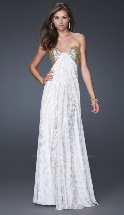 La Femme White Gold Sequin Print Prom Dress 15991