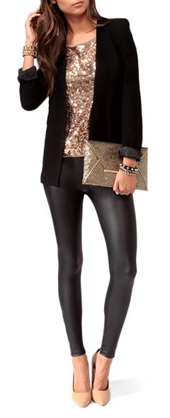 Liquid leggings, sequins, blazer.