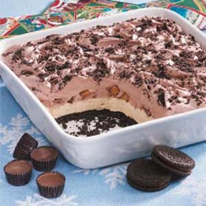 No Bake: Oreos, mini Reeses cups, chocolate pudding, cool whip, and peanut butte