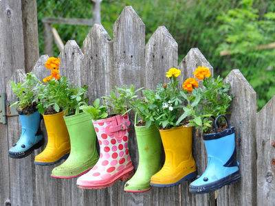 Recycling kids' rain boots make for fun container gardening