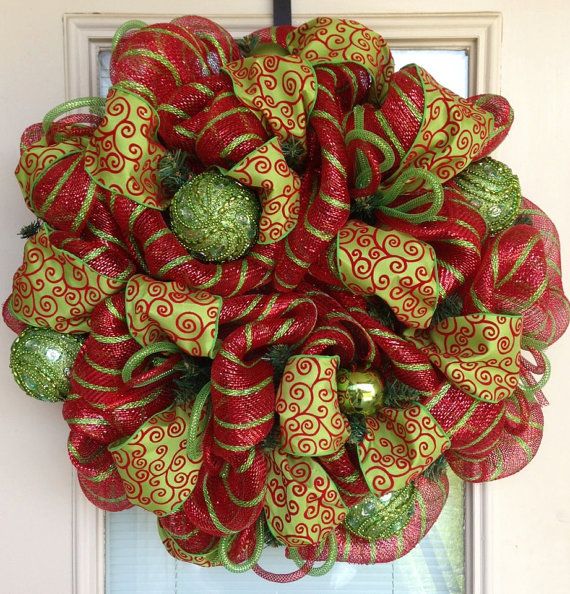 Red and Lime Green Christmas Wreath by SouthernWreathDesign