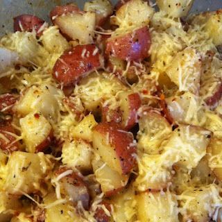 Red potatoes cubed with skin left on, drizzle with extra virgin olive oil, coat