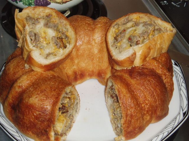 Sausage/Cheese Bread Roll in bundt pan for breakfast.