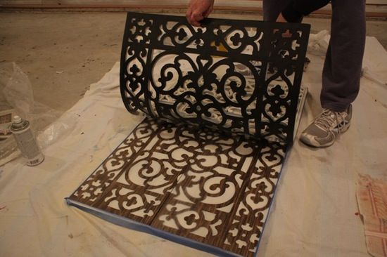 Use a rubber doormat as a stencil and spraypaint wood panels – wowsers!