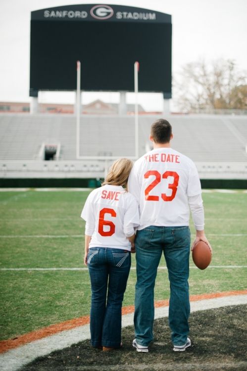 Very cute football-themed “save the date” wedding pic.