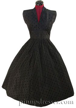 Vintage 40s 50s Black Taffeta Full Skirt Swiss Dot Dress