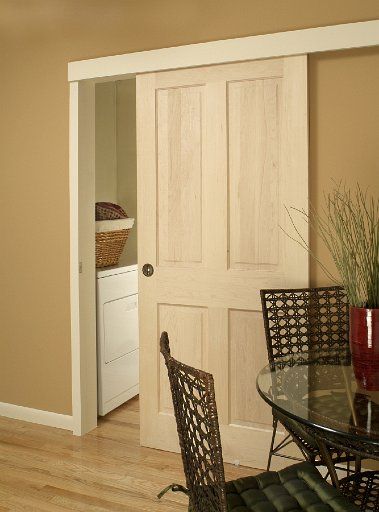 Wall Mount Door Hardware….like a barn door, but used with regular doors. Click