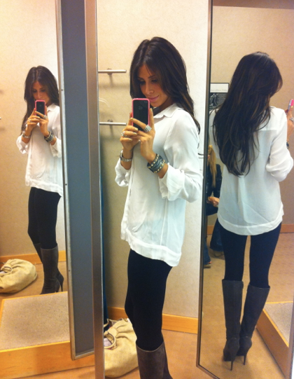 White blouse black leggings boots.. My go to outfit! In the summer, just pair wi