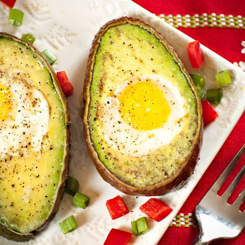 baked eggs in avocado.     1. Take a thick slice of avocado (leave the skin on)