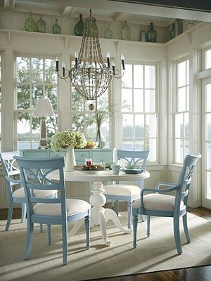 blue painted chairs with a white table! Lovely ~