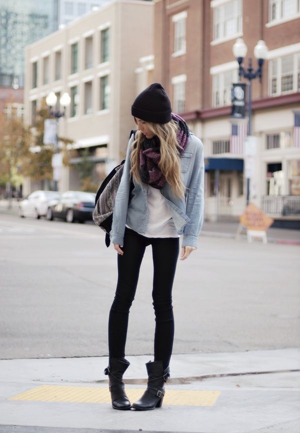 chambray, scarf + boots- Perfect for fall