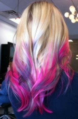 pink and purple dip dye on blonde hair