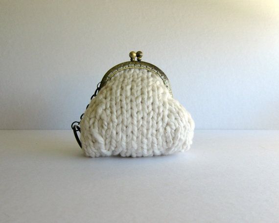 white purse with key chain  knitted in cotton yarn by branda, $16.50
