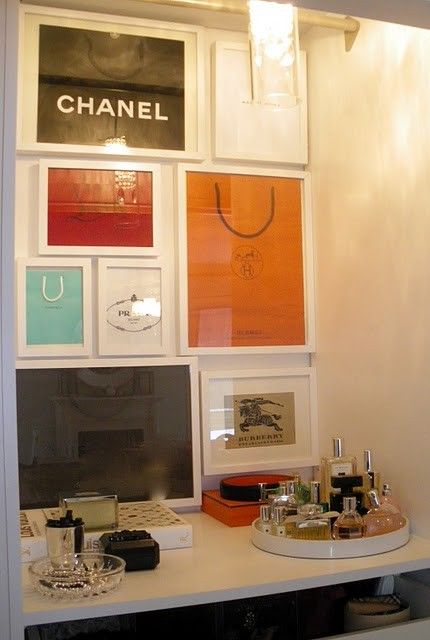 #withlove // Shopping bags as art for closet walls
