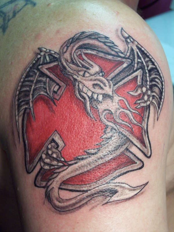 'Fireman's Dragon with Maltese Cross" Tattoo (shoulder) | Shared by