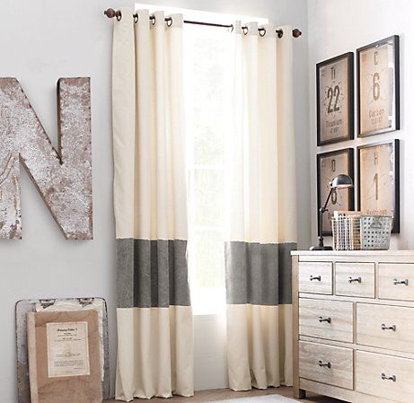 Buy curtains, cut them, and put a strip of contrasting fabric in the middle. Mak