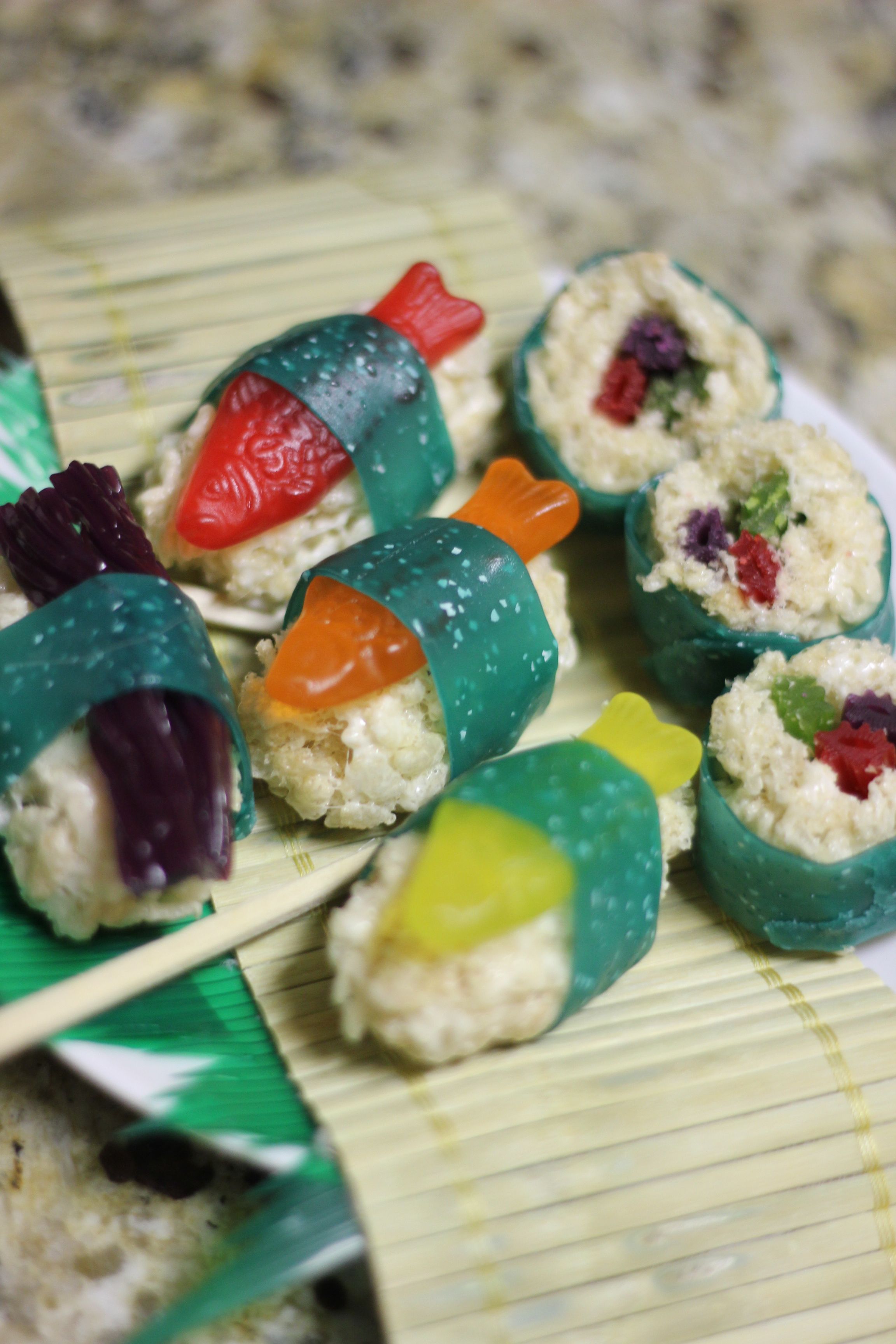 Candy Sushi! Swedish fish, Fruit roll ups, Twizzlers, rice krispie treats.