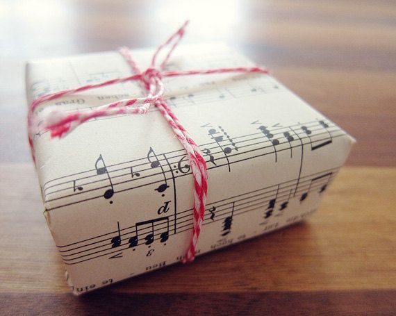 Christmas sheet music as wrapping paper.