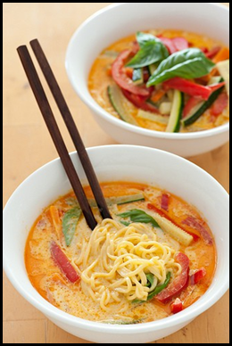 Coconut curry noodles…veggies, curry paste, coconut milk, broth (use veg), ric