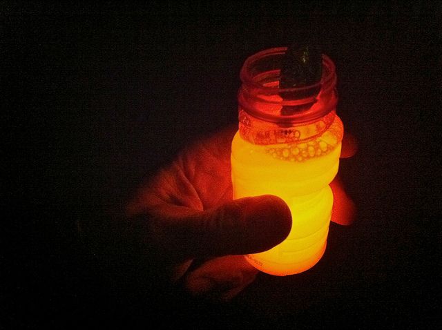 Cut open glow sticks & pour them into bubble solution. Glow in the dark bubb