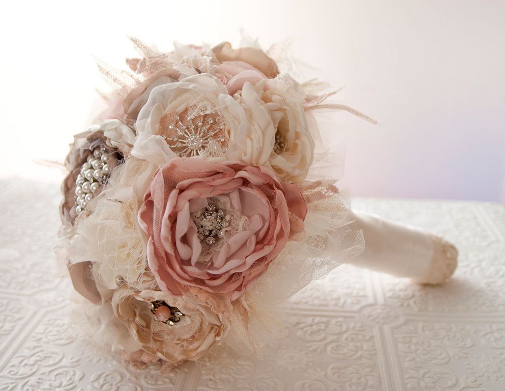 Fabric Flower Custom Wedding Bouquet, with rhinestone and pearl brooches, choose