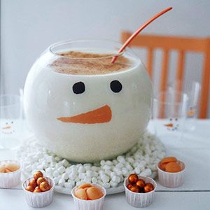 Fill a fishbowl vase with eggnog punch, decorate with an orange felt carrot nose