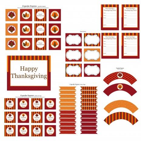 Free printable Thanksgiving food labels, invitations, cupcake wrappers, etc.