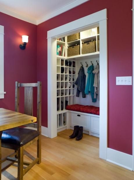 Front Closet turned mudroom. Love the shoe rack