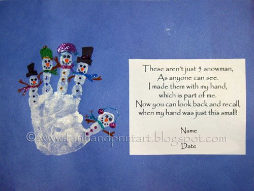 Handprint Snowman with Poem ~ Poem: These aren't just five snowmen, As anyon