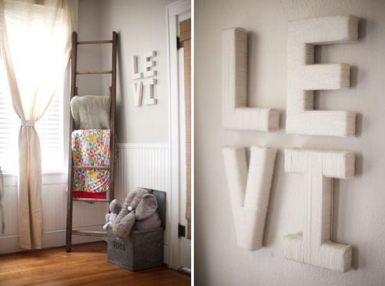 Love these ideas: old ladder turned blanket storage, plus yarn wrapped letters!