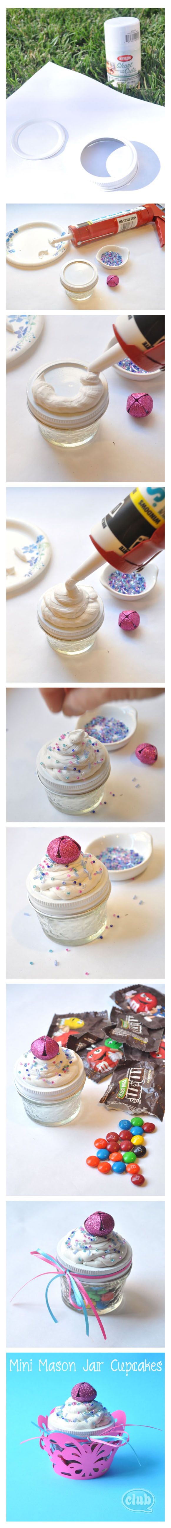 Mini Mason Jar Candy Cupcakes DIY craft using caulk and beads.