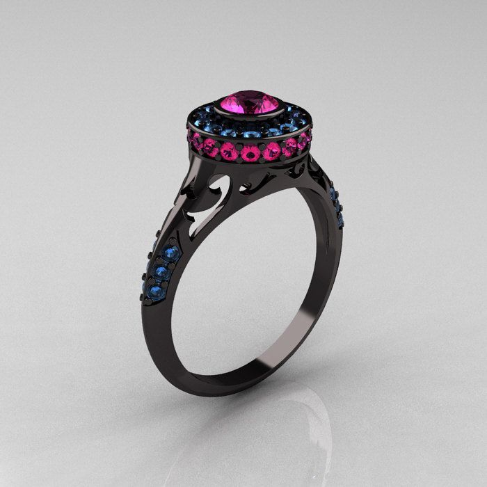 Modern Antique 14K Black Gold Pink Sapphire Aquamarine Wedding Ring, Engagement