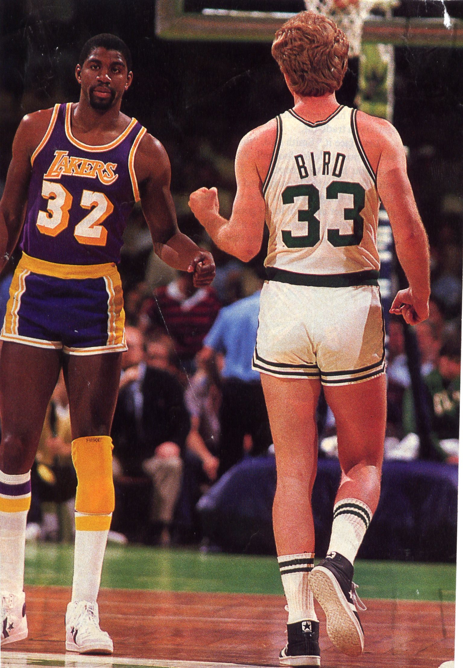 Respectful rivalries… and really short shorts. Larry Bird and Magic Johnson.