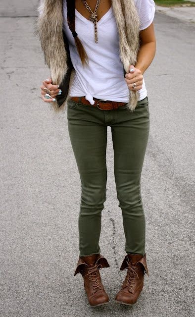 Simple white tee with olive skinny jeans and brown ankle boots.
