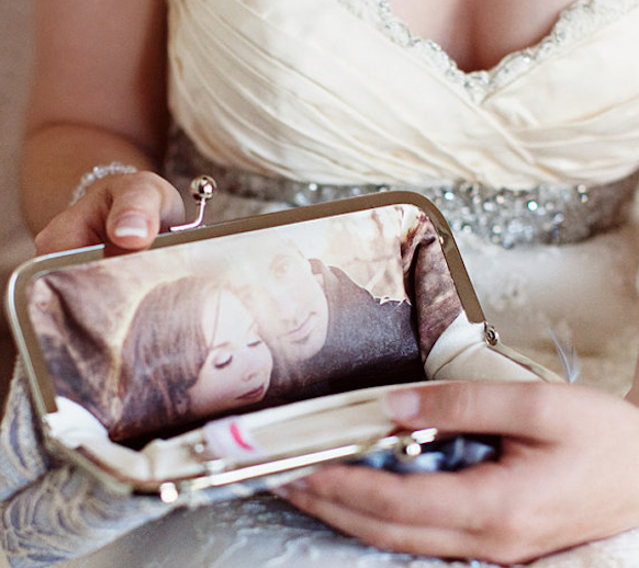 Super unique idea for your engagement photos!  Custom Bridal Clutches!