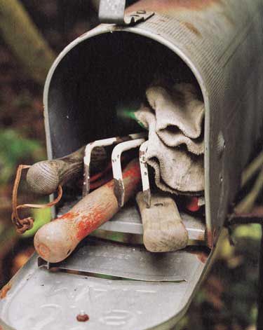 Use an old mailbox to store your most used garden tools