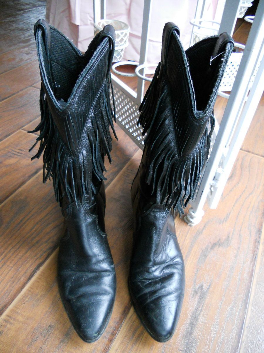 Vintage Cowboy cowgirl boots Black Fringe 7 7.5 leather western dance 80s style