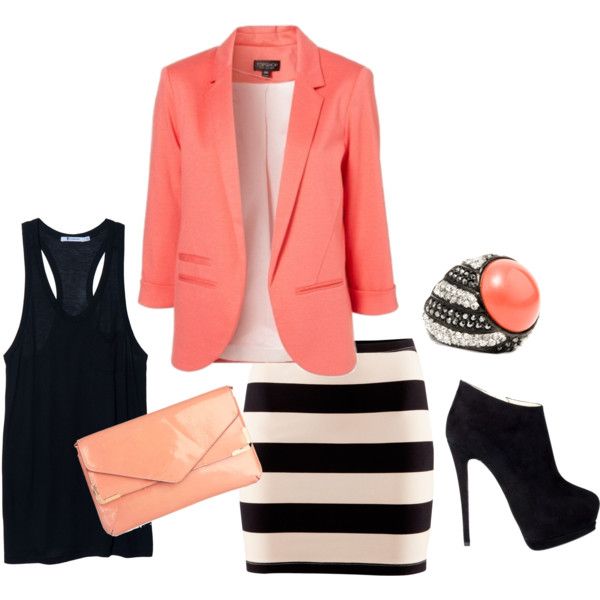 black tank + b/w striped pencil skirt + coral blazer… cute work outfit