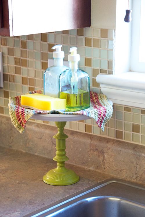 cake stand for your sink soaps and scrubs. I love this idea!