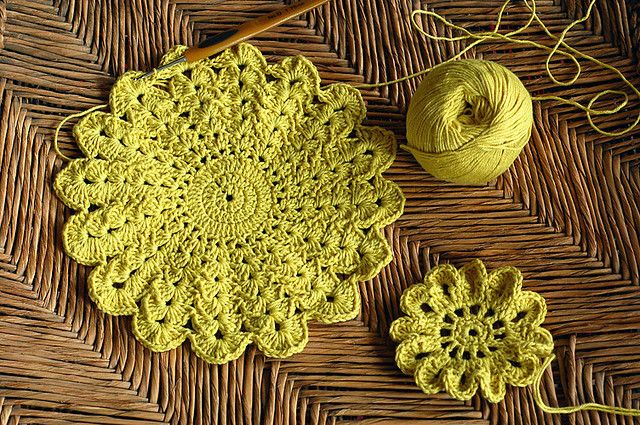 crochet doilies, flowers.