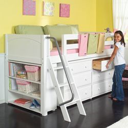great idea for small bedroom – dresser and storage under a loft-style bed