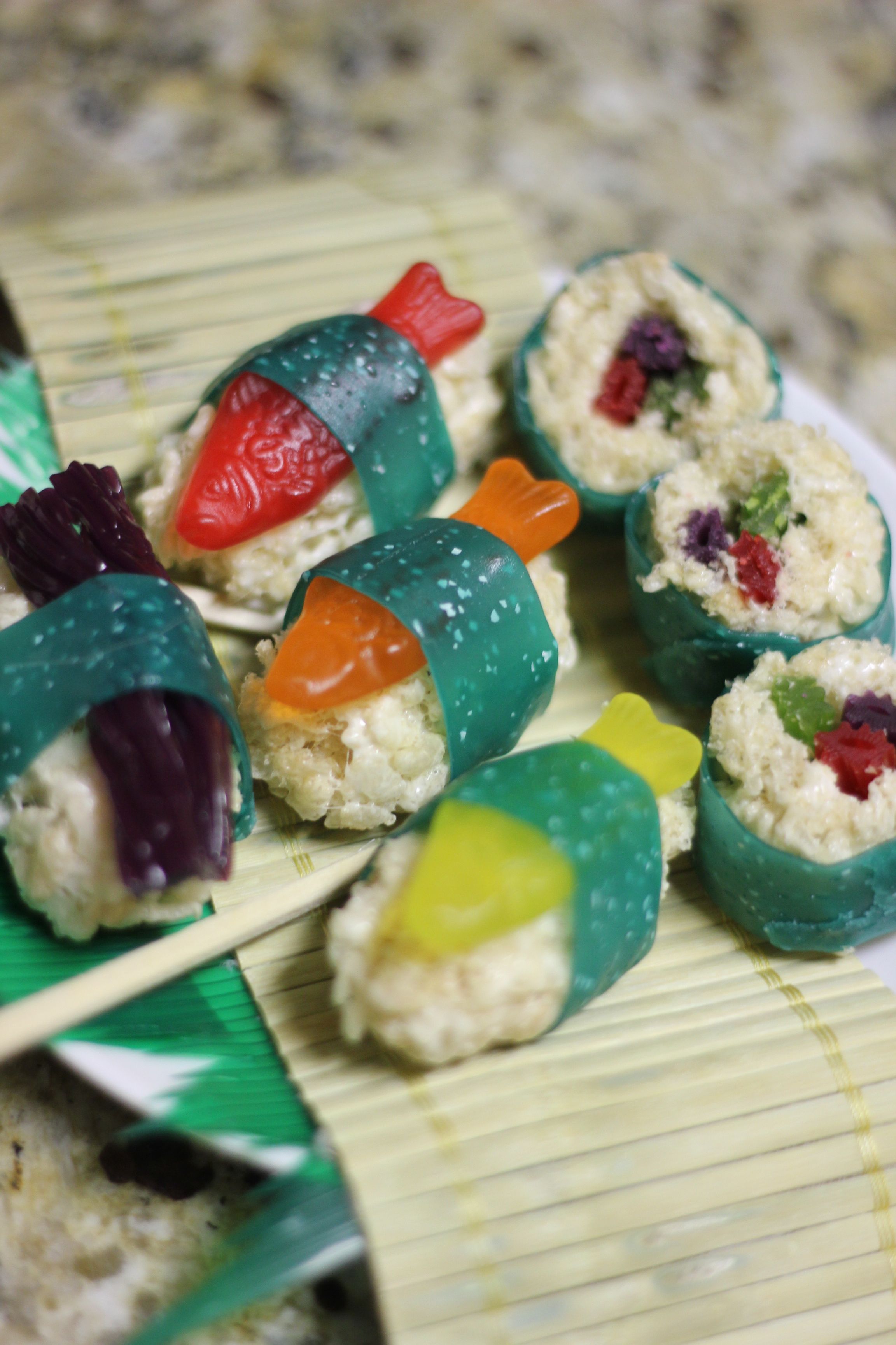Candy Sushi! Swedish fish, Fruit roll ups, Twizzlers, rice krispie treats! Delic