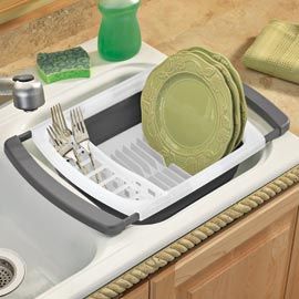 Collapsible Over-the-Sink Dish Rack Extends, then folds flat for storage.