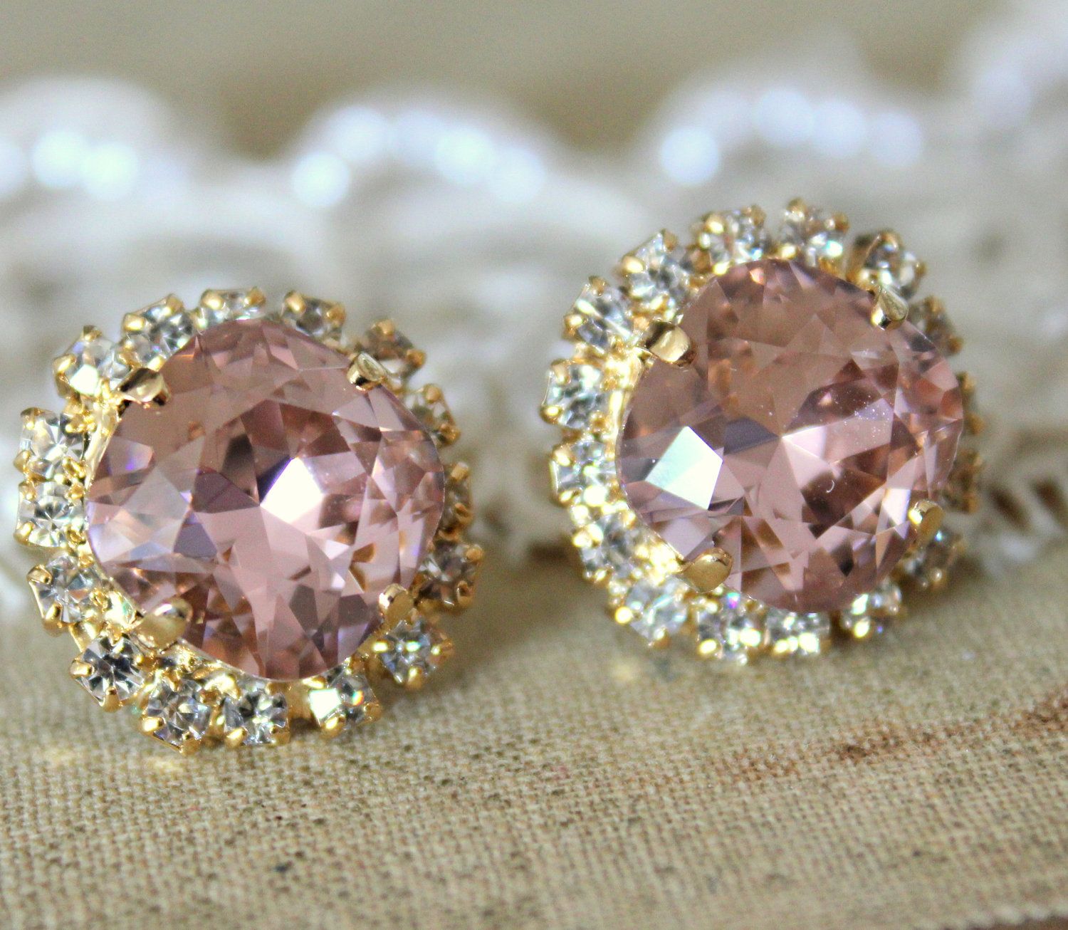 Crystal stud big vintage pink earring – 14k plated gold post earrings real swaro