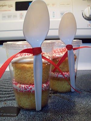 Cupcakes in a to go cup with spoon attached–great idea for bake sale/ fundraise