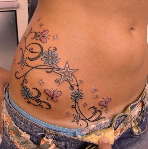Cute colorful star tattoos with vines, flowers and butterflies