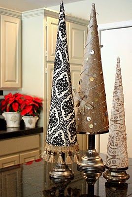 DIY Fabric Covered Poster Board Christmas Tree Cones… really pretty decoration